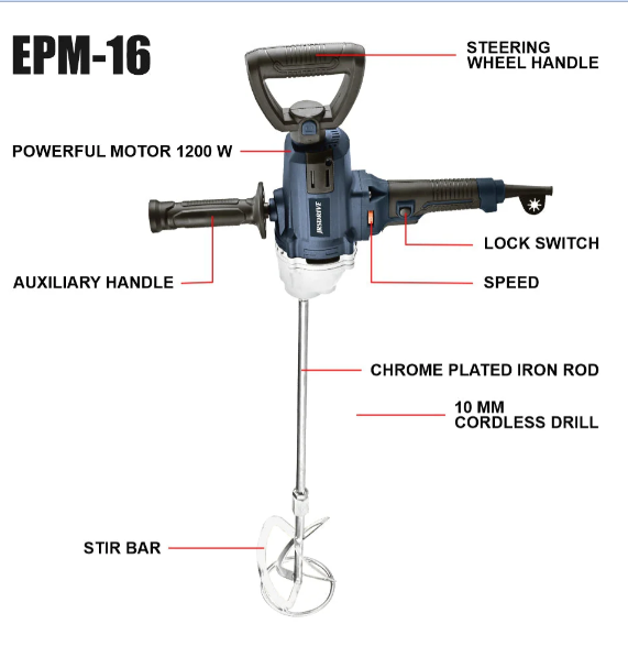 JRSDRIVE EPM-16 Power Mixer | 1200W | 16mm Chuck | 220V Variable Speed Electric Stirrer 2