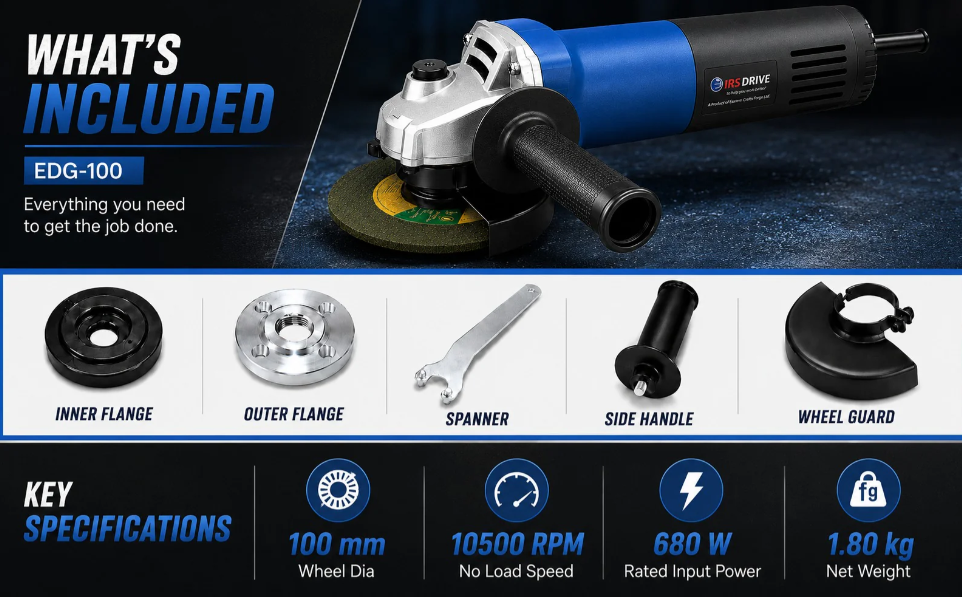 JRSDRIVE EDG-100 Angle Grinder - 100mm (4-Inch) Wheel Dial, 680W Powerful Motor, 10500 RPM for Cutting & Grinding 5