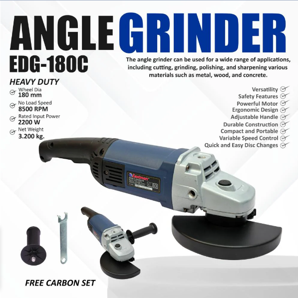 JRSDRIVE EDG-180C Angle Grinder – 2200W Heavy-Duty, 180mm Wheel, 8500 RPM 2