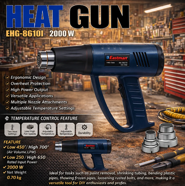 JRSDRIVE 2000W Heavy Duty Heat Gun EHG-8610I with High-Impact Airflow (250-650 LPM) | Variable Temperature Hot Air Gun for DIY & Professional Use 2
