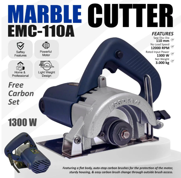 JRSDRIVE 1300W Electric Marble Cutter with Auto-Stop Carbon Brushes - 110mm Blade, 12000 RPM & Free Carbon Set Included 2