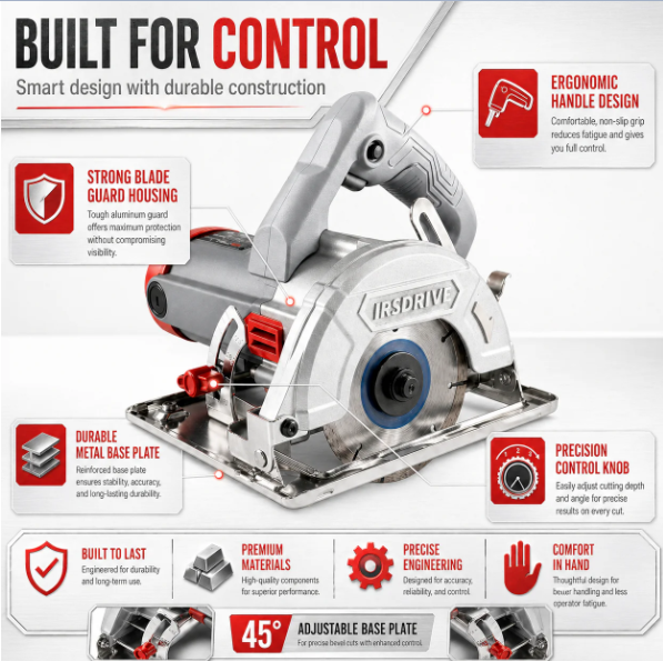 JRSDRIVE Heavy Duty 125mm Tile & Marble Cutter Machine - 1700W Powerhouse with Adjustable Base Plate & Cutting Depth 2