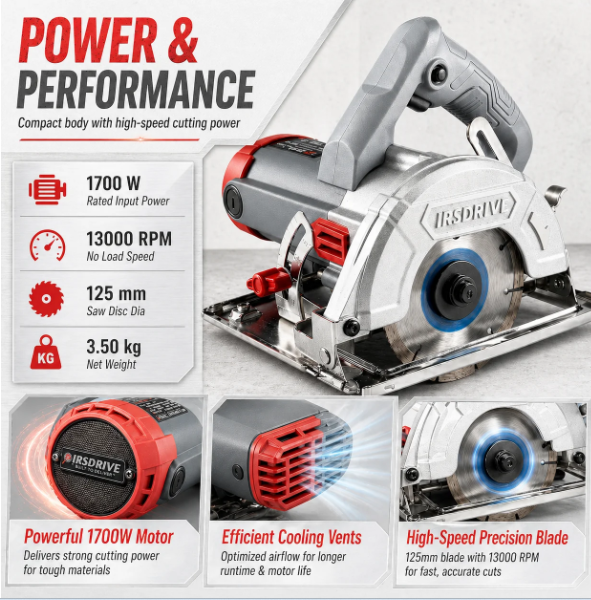 JRSDRIVE Heavy Duty 125mm Tile & Marble Cutter Machine - 1700W Powerhouse with Adjustable Base Plate & Cutting Depth 4