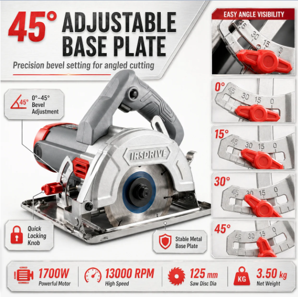 JRSDRIVE EMC-125JE Heavy Duty 125mm Tile & Marble Cutter Machine - 1700W Powerhouse with Adjustable Base Plate & Cutting Depth 2