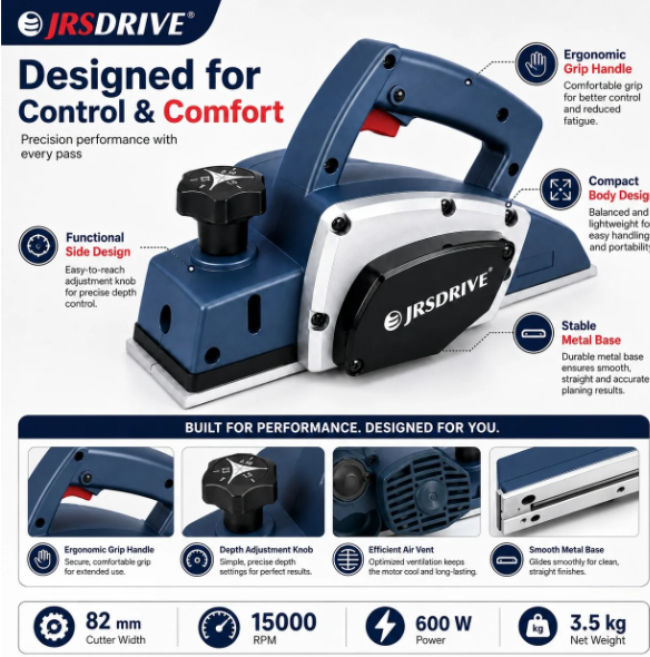 JRSDRIVE EEP-082N Electric Wood Planer 82mm (3-1/4") – 650W Motor, 16500RPM High Speed Woodworking Tool 2