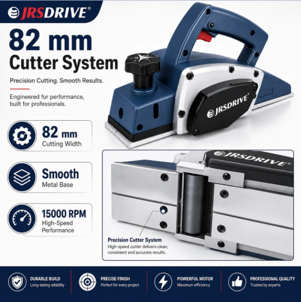 JRSDRIVE EEP-082N Electric Wood Planer 82mm (3-1/4") – 650W Motor, 16500RPM High Speed Woodworking Tool 3