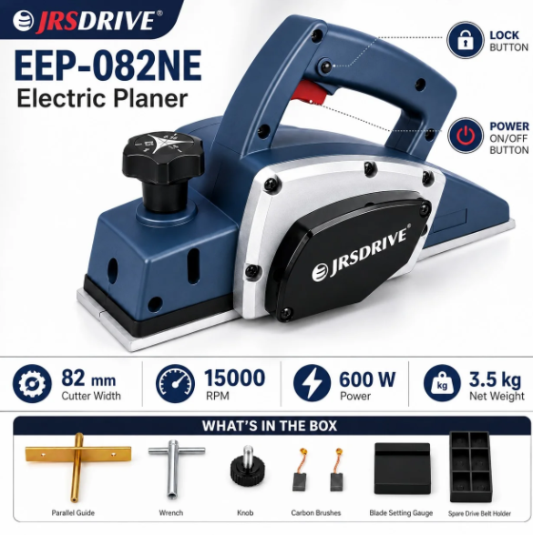 JRSDRIVE EEP-082N Electric Wood Planer 82mm (3-1/4") – 650W Motor, 16500RPM High Speed Woodworking Tool 4