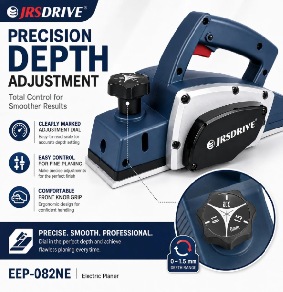 JRSDRIVE EEP-082N Electric Wood Planer 82mm (3-1/4") – 650W Motor, 16500RPM High Speed Woodworking Tool 5