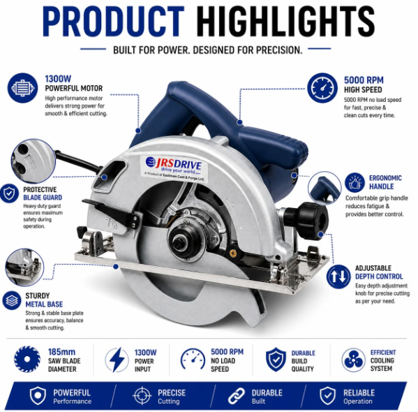 JRSDRIVE ECS-185 1300W Circular Saw (185mm Blade, 5000 RPM) - Variable Depth & Bevel Control Woodworking Tool with Dust Port and Safety Lock 2