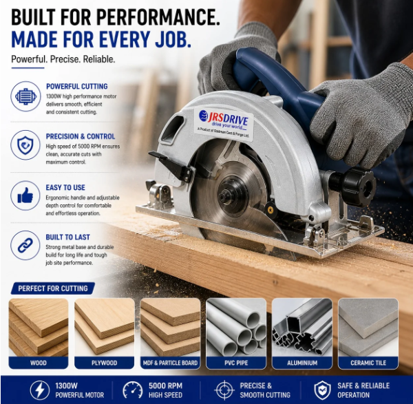 JRSDRIVE ECS-185 1300W Circular Saw (185mm Blade, 5000 RPM) - Variable Depth & Bevel Control Woodworking Tool with Dust Port and Safety Lock 3