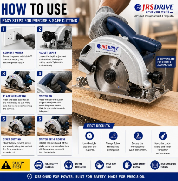 JRSDRIVE ECS-185 1300W Circular Saw (185mm Blade, 5000 RPM) - Variable Depth & Bevel Control Woodworking Tool with Dust Port and Safety Lock 4