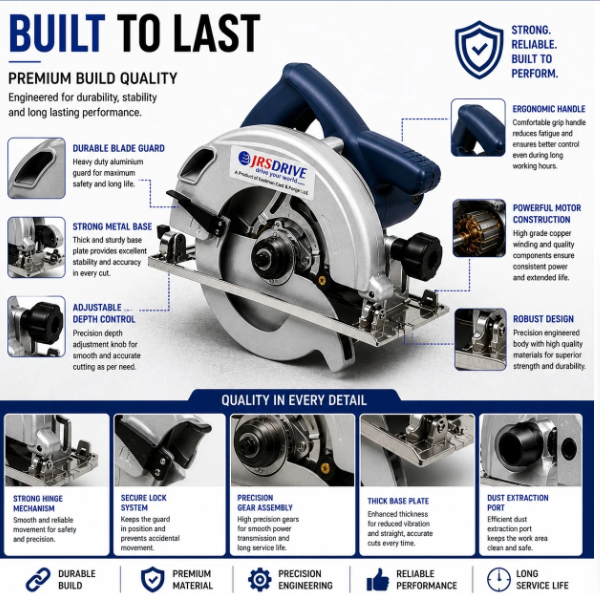 JRSDRIVE ECS-185 1300W Circular Saw (185mm Blade, 5000 RPM) - Variable Depth & Bevel Control Woodworking Tool with Dust Port and Safety Lock 5