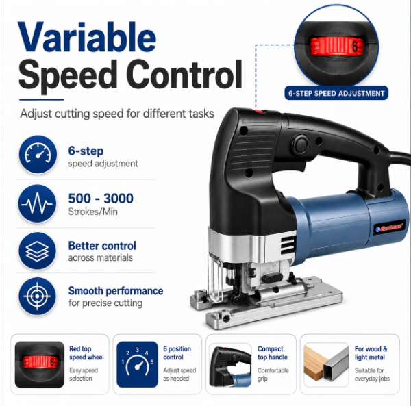 JRSDRIVE 650W Electric Jigsaw Kit - Includes Heavy Duty BMC Box & Free Carbon Set - EJS-060 High-Performance Saw 3