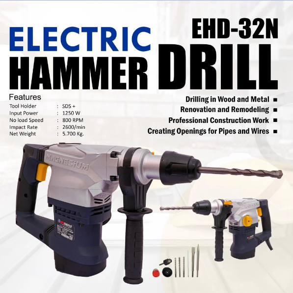 JRSDRIVE 32mm Rotary Hammer Drill EHD-32N – 1250 Watts High Power Inpact Drill with SDS+ Tool Holder – Ideal for Construction, Demolition, and Renovation 2