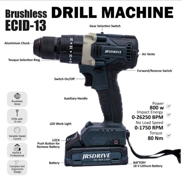 JRSDRIVE Brushless impact Drill Machine - 13mm ECID-13 4