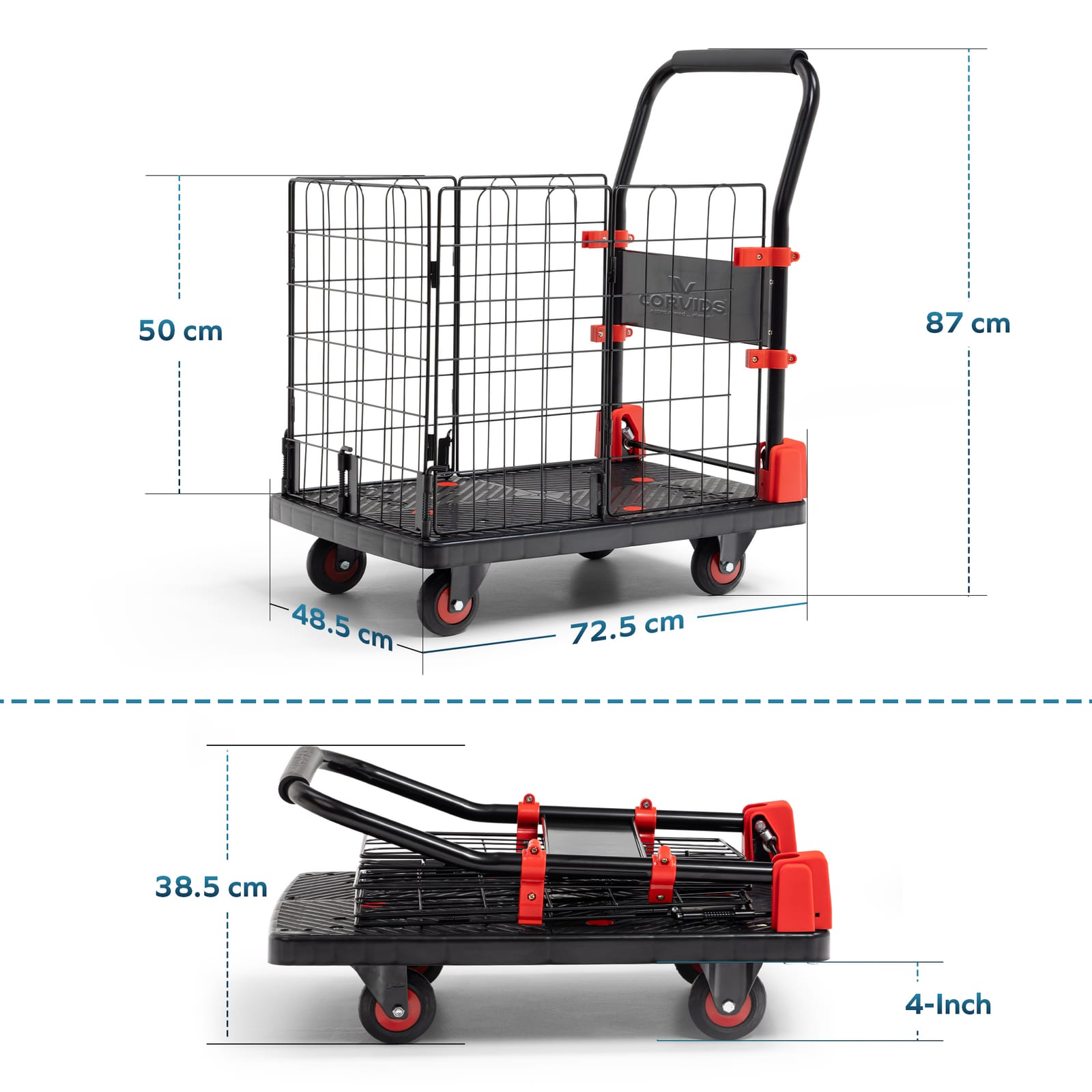 Corvids 150 Kg Portable & Collapsible Plastic Platform Trolley with Basket Cage | 2-Year Warranty |Folding Platform Hand Truck with 360 Rotating Wheels for Home, Office, Warehouse & Outdoor Use 2