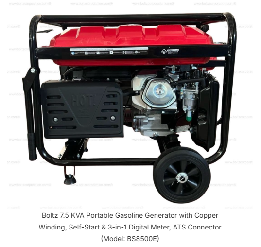 Boltz 7.5 KVA Portable Gasoline Generator with Copper Winding, Self-Start & 3-in-1 Digital Meter, ATS Connector (Model: BS8500E) 3