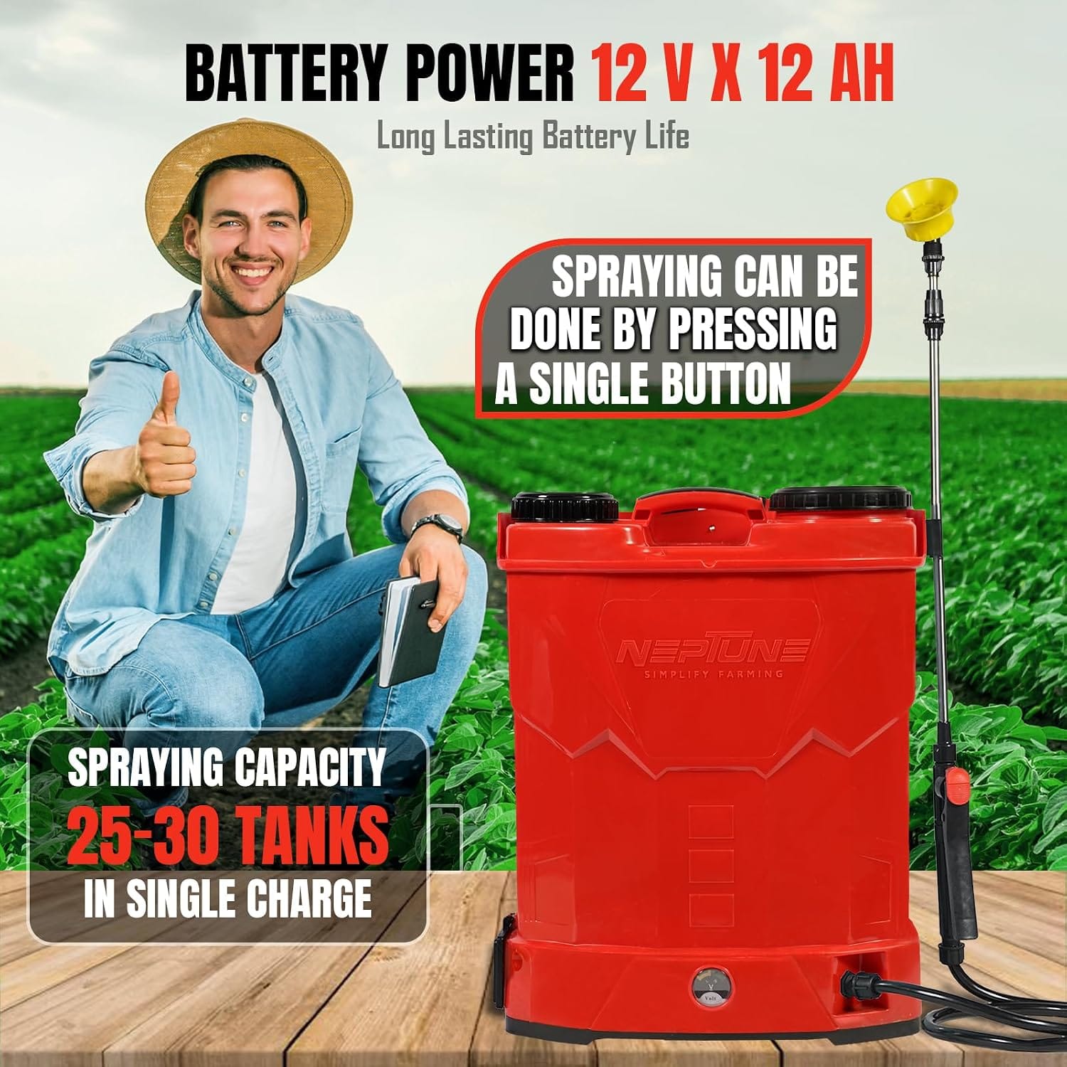 Neptune Simplify Farming Knapsack Battery Sprayer 12V x 12Amp | Telescopic Stainless Steel Lance | 20L Tank Capacity | Get 4 Nozzles | Suitable for Agriculture & Garden Spraying 2