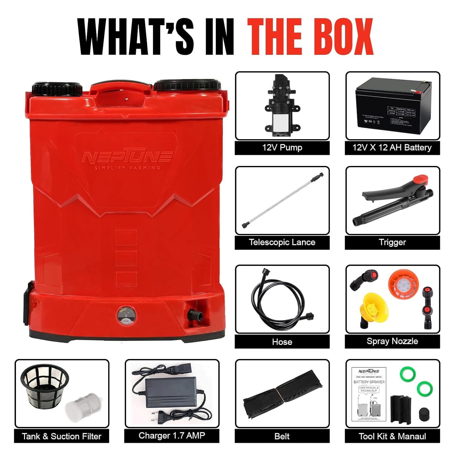Neptune Simplify Farming Knapsack Battery Sprayer 12V x 12Amp | Telescopic Stainless Steel Lance | 20L Tank Capacity | Get 4 Nozzles | Suitable for Agriculture & Garden Spraying 4