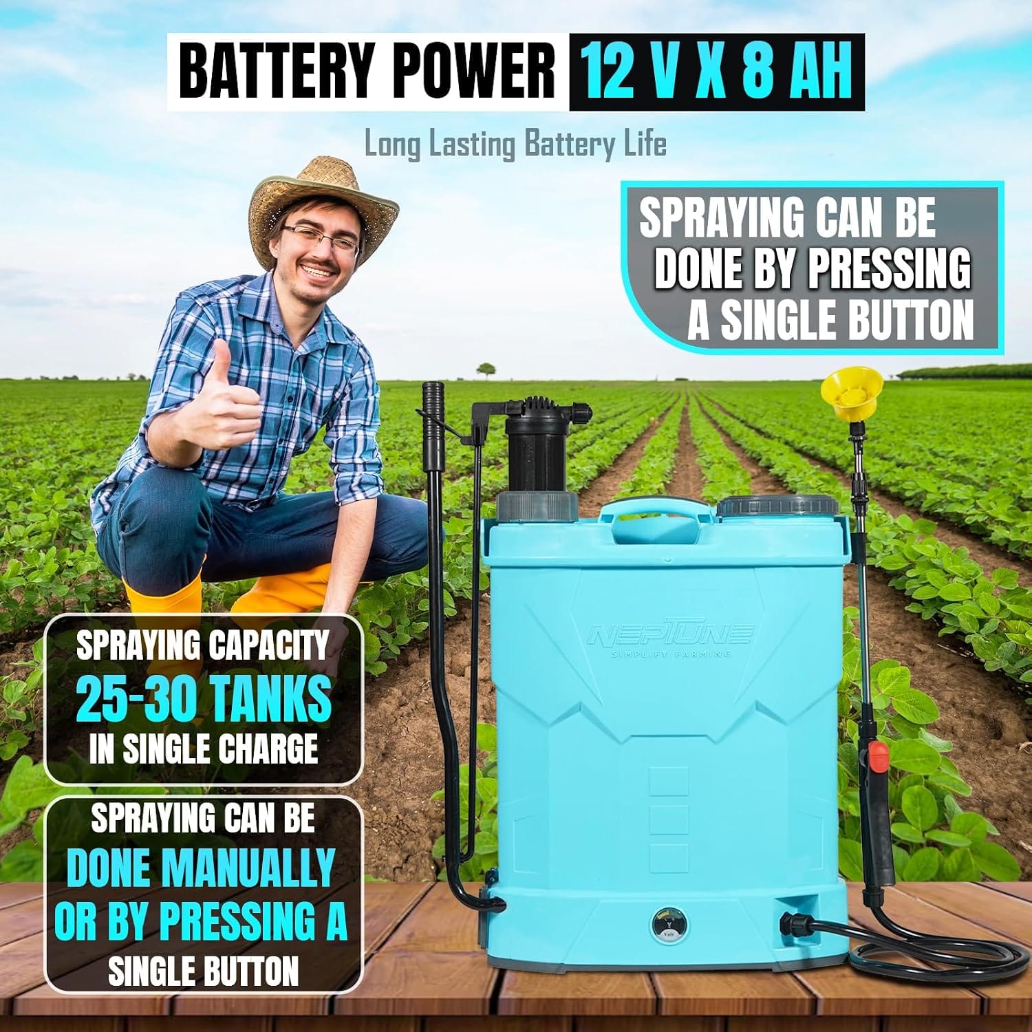 Neptune Simplify Farming Battery and Manual 2 in 1 Knapsack Sprayer | 12V x 8Amp | High Pressure Sprayer | 20L Tank | Get 4 Nozzles | Suitable for Agriculture & Garden Spraying 4