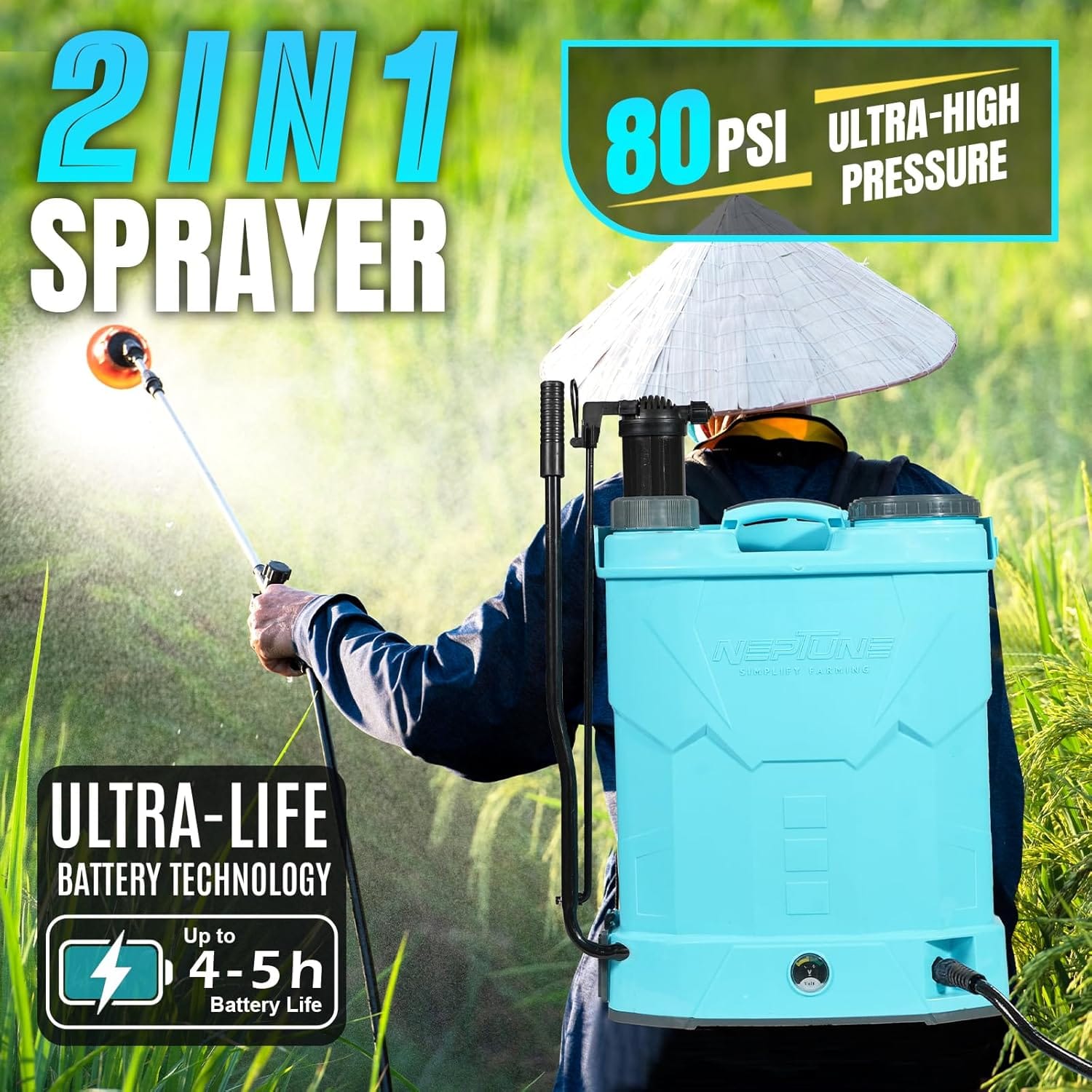 Neptune Simplify Farming Battery and Manual 2 in 1 Knapsack Sprayer | 12V x 8Amp | High Pressure Sprayer | 20L Tank | Get 4 Nozzles | Suitable for Agriculture & Garden Spraying 2