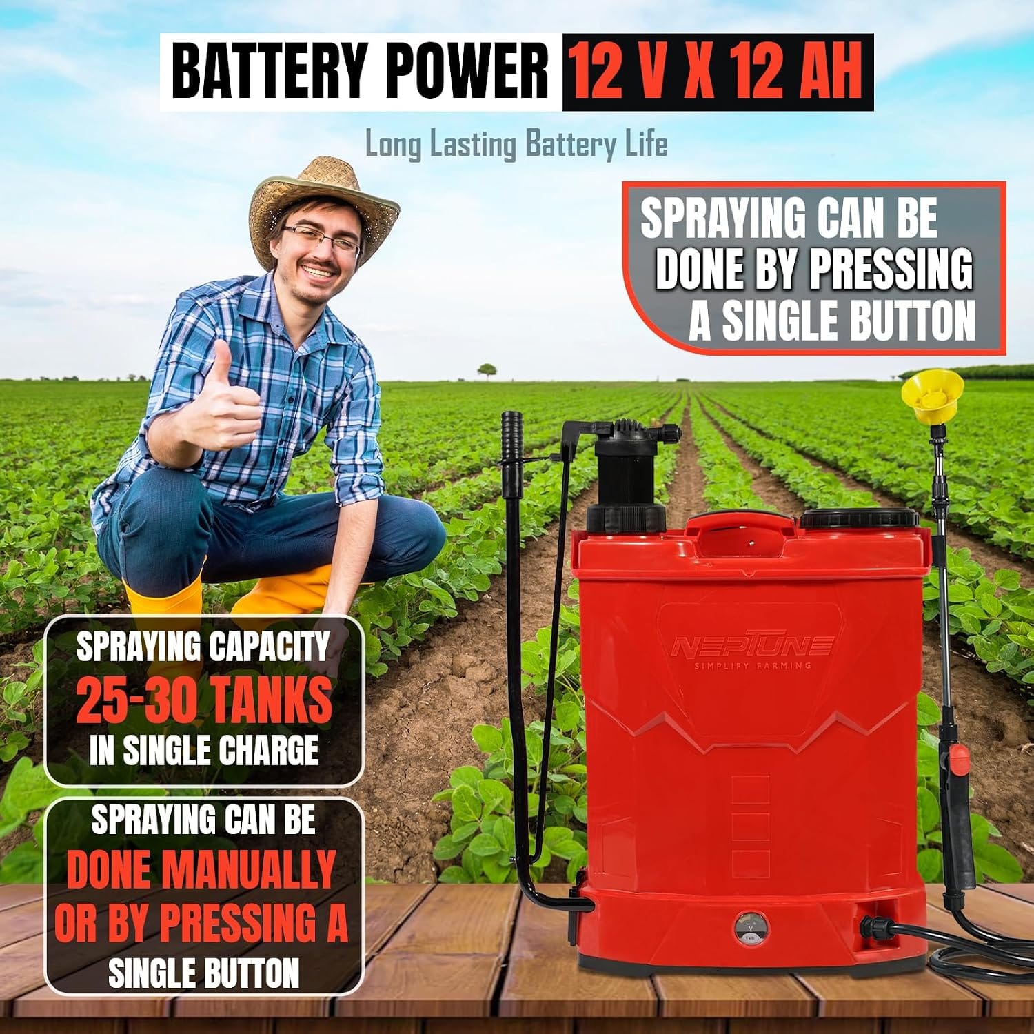 Neptune Simplify Farming Battery and Manual 2 in 1 Knapsack Sprayer | 12V x 12Amp | High Pressure Sprayer | 20L Tank | Get 4 Nozzles | Suitable for Agriculture & Garden Spraying 5