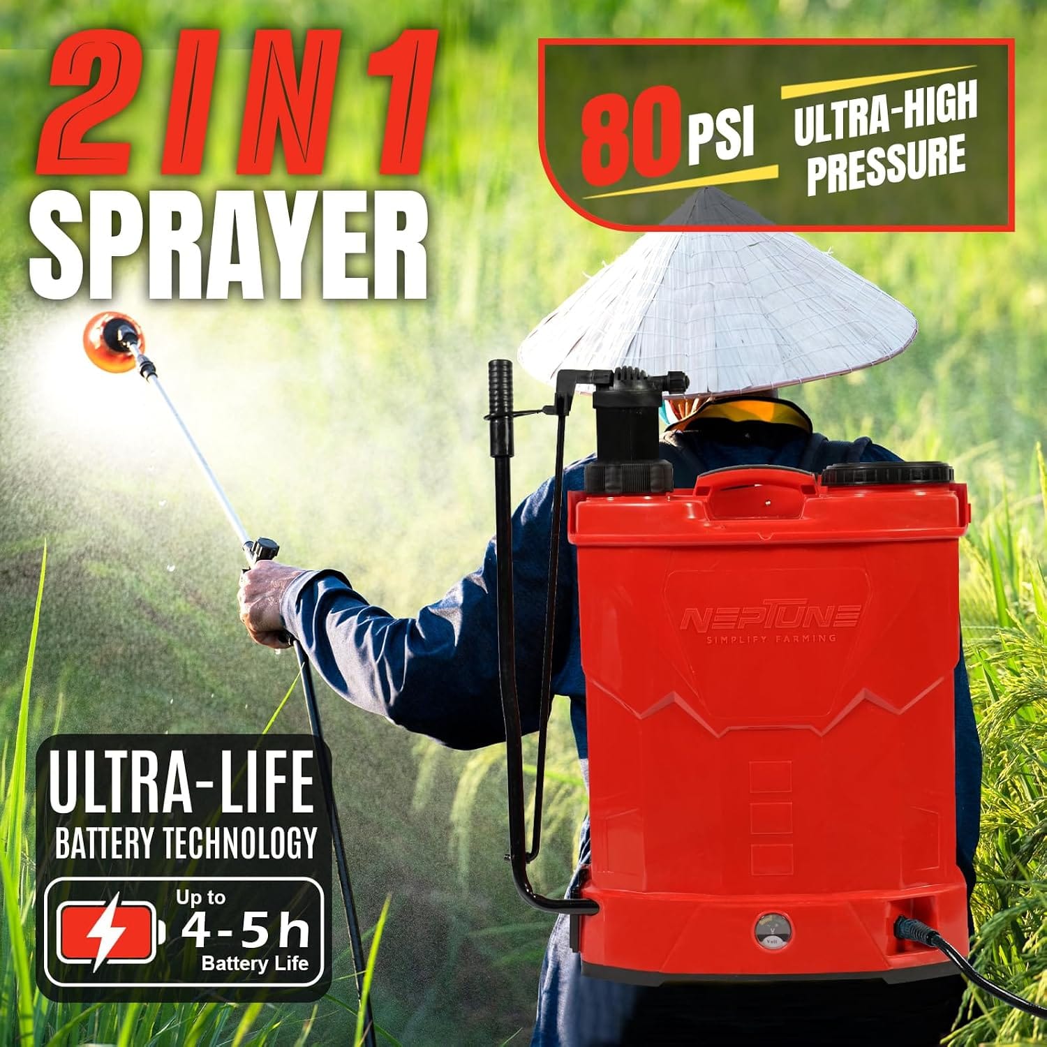 Neptune Simplify Farming Battery and Manual 2 in 1 Knapsack Sprayer | 12V x 12Amp | High Pressure Sprayer | 20L Tank | Get 4 Nozzles | Suitable for Agriculture & Garden Spraying 4