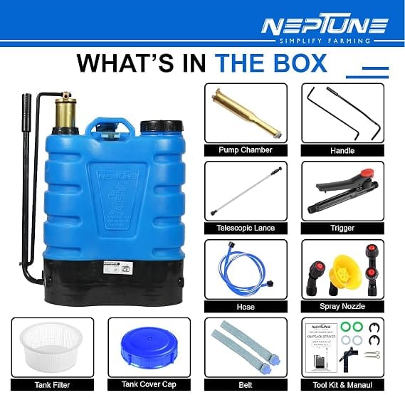 Neptune Simplify Farming Hariyali-08 Knapsack Hand Operated Sprayer | 16L HDPE Tank | Brass Pressure Chamber | Telescopic Lance with 3 Nozzles | Ideal for Farming, Gardening & Pest Control Spraying 4