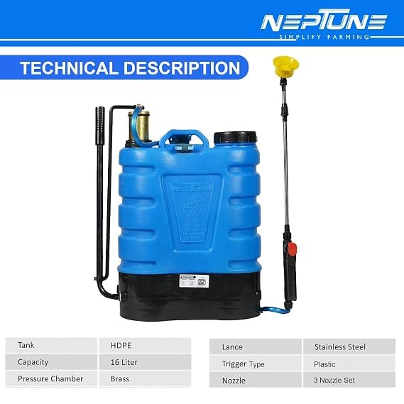 Neptune Simplify Farming Hariyali-08 Knapsack Hand Operated Sprayer | 16L HDPE Tank | Brass Pressure Chamber | Telescopic Lance with 3 Nozzles | Ideal for Farming, Gardening & Pest Control Spraying 5