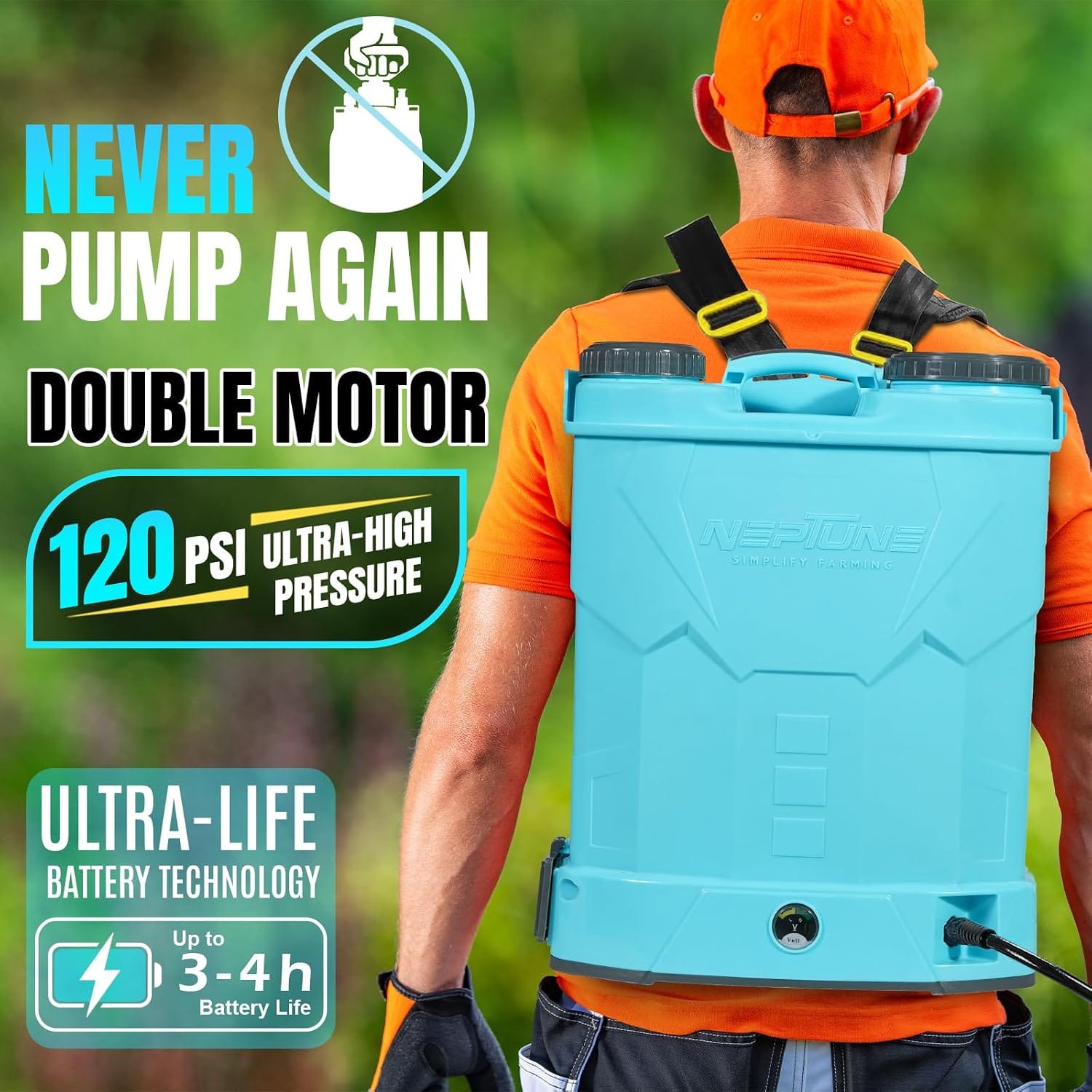 Neptune Simplify Farming Knapsack Battery Sprayer 12V x 12Amp Double Motor | High Pressure Spray Gun up to 20 Ft Spray | 20 Liter Tank | Ideal for Agriculture & Garden Spraying 4