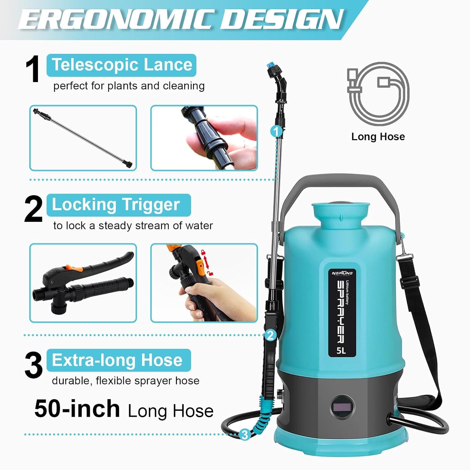 Neptune Simplify Farming Max-5 Pro 12V Lithium-Ion Battery Powered Garden Sprayer | 5 LTR Tank Capacity | 2 Type Nozzles with Adjustable Shoulder Strap Ideal for Gardening, Pest Control & Greenhouse 2