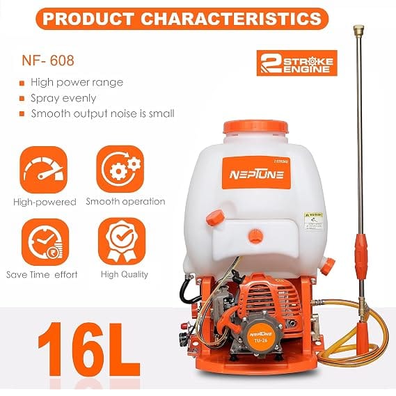 Neptune Simplify Farming NF 608 2-Stroke Knapsack Power Sprayer | 26CC Petrol Engine | 16 L Tank Capacity | Includes 2 Types Spray Guns | Perfect for Agricultural Use, Pesticides & Garden Spraying 2
