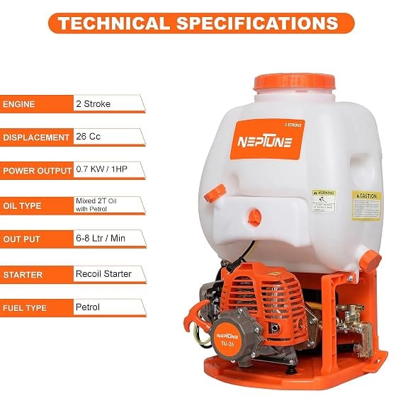 Neptune Simplify Farming NF 608 2-Stroke Knapsack Power Sprayer | 26CC Petrol Engine | 16 L Tank Capacity | Includes 2 Types Spray Guns | Perfect for Agricultural Use, Pesticides & Garden Spraying 3