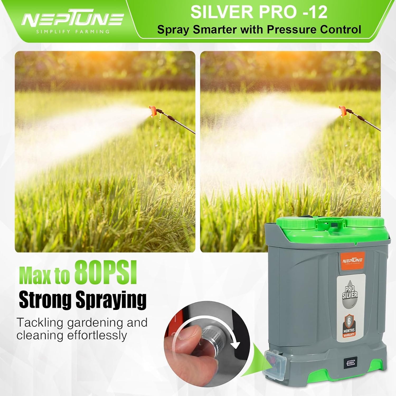 Neptune Simplify Farming Silver Pro-12 Knapsack Battery Sprayer 12V x 8Amp | Telescopic SS Lance | 18L Tank with Digital Battery Indicator | Get 4 Nozzles | Ideal for Agriculture & Garden Spraying 2