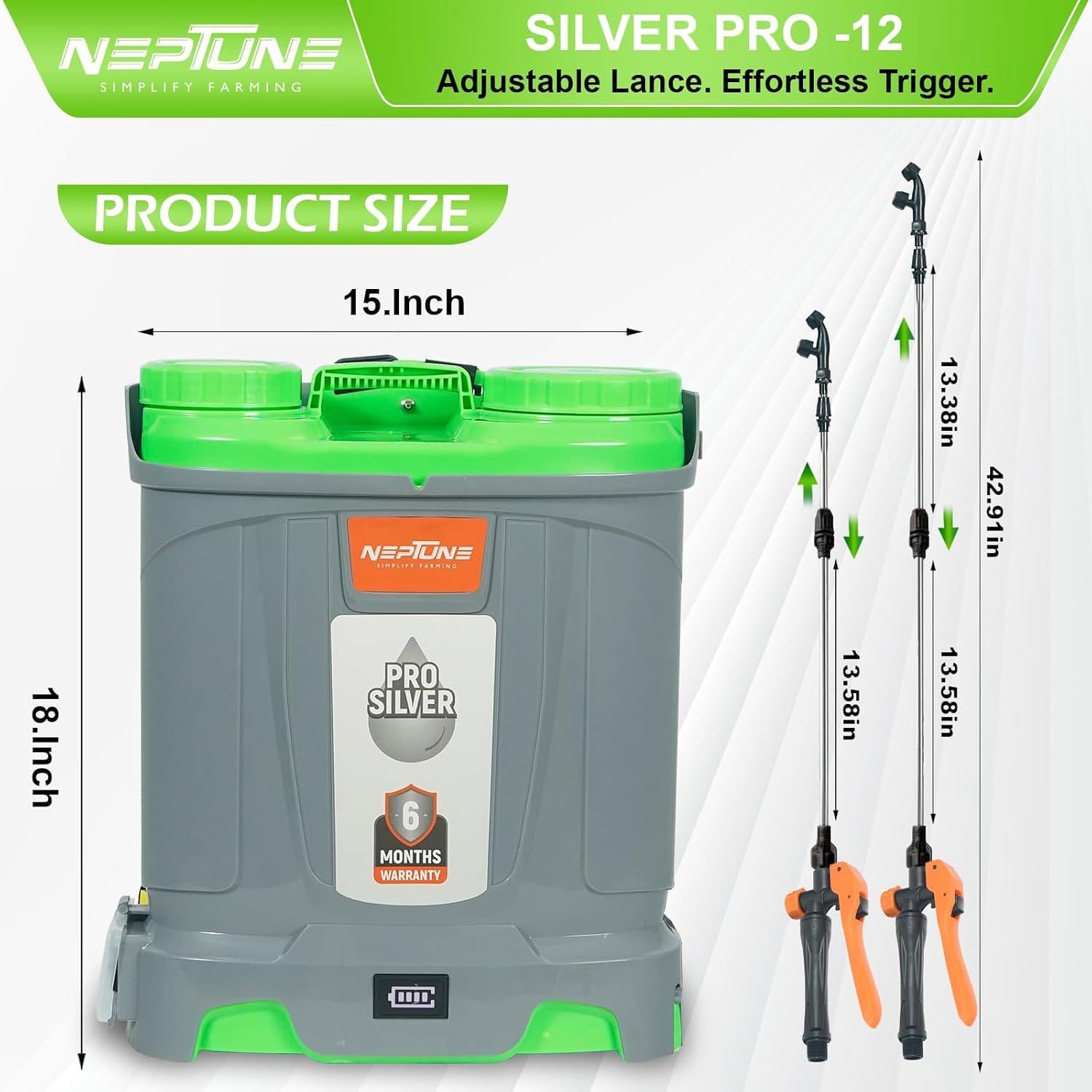 Neptune Simplify Farming Silver Pro-12 Knapsack Battery Sprayer 12V x 8Amp | Telescopic SS Lance | 18L Tank with Digital Battery Indicator | Get 4 Nozzles | Ideal for Agriculture & Garden Spraying 3
