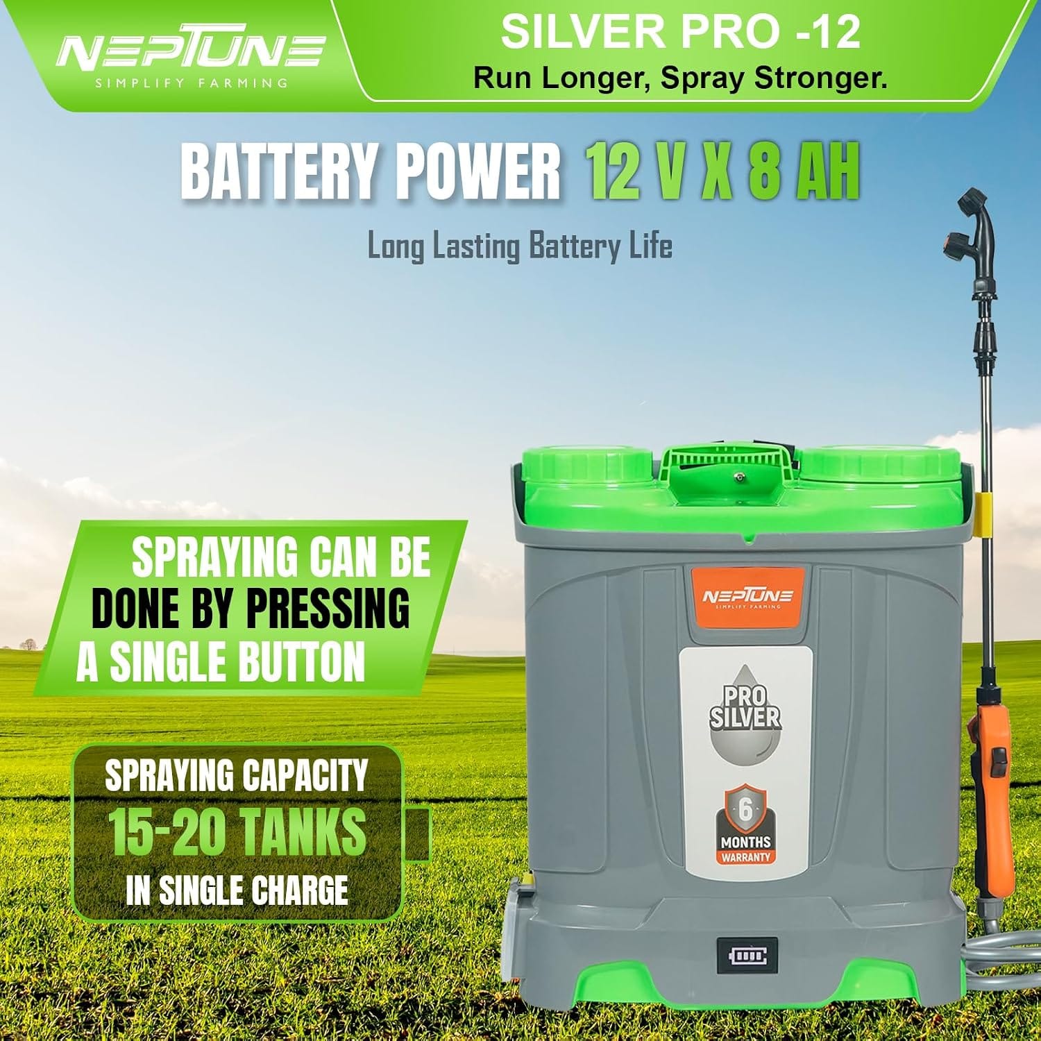 Neptune Simplify Farming Silver Pro-12 Knapsack Battery Sprayer 12V x 8Amp | Telescopic SS Lance | 18L Tank with Digital Battery Indicator | Get 4 Nozzles | Ideal for Agriculture & Garden Spraying 5