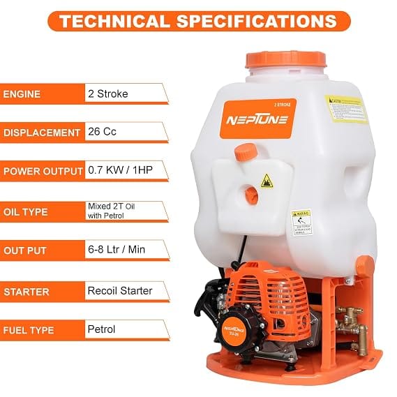 Neptune Simplify Farming NF-708 2-Stroke Knapsack Power Sprayer | 26CC Petrol Engine | 20-Litre Tank Capacity | Includes 2 Types Spray Guns | Perfect for Agricultural Use, Pesticides & Garden Spraying 3