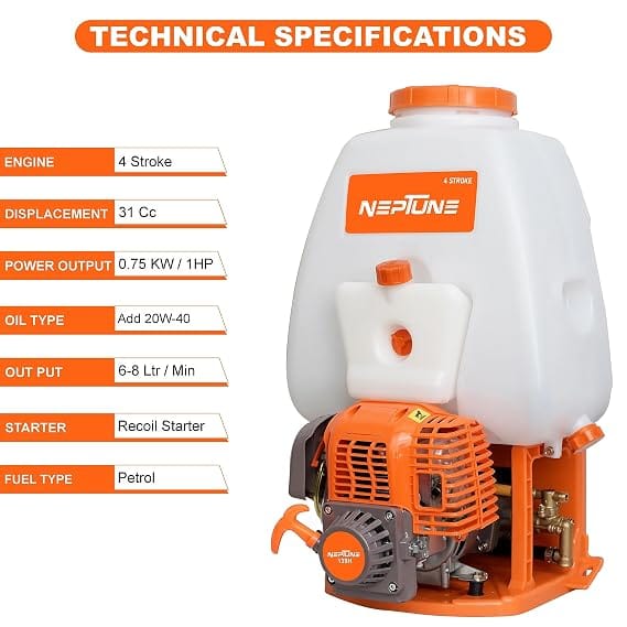 Neptune Simplify Farming NF-767 4-Stroke Knapsack Power Sprayer | 31CC Petrol Engine | 25-Litre Tank Capacity | Includes 2 Types Spray Guns | Perfect for Agricultural & Garden Spraying 2