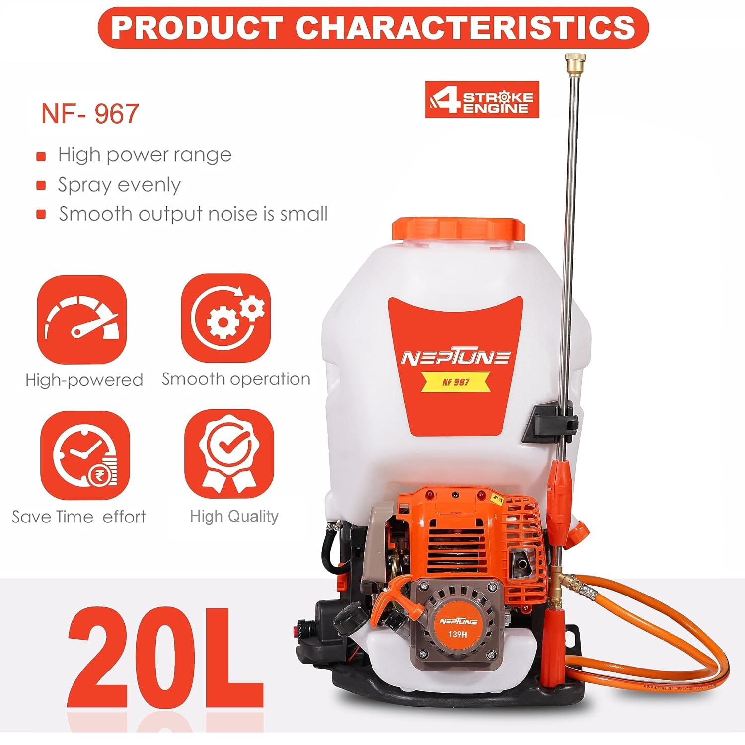 Neptune Simplify Farming NF-967 4-Stroke Knapsack Power Sprayer | 31CC Petrol Engine | 25-Litre Tank Capacity | Includes 2 Types Spray Guns | Perfect for Agricultural Use, Pesticides & Garden Spraying 3