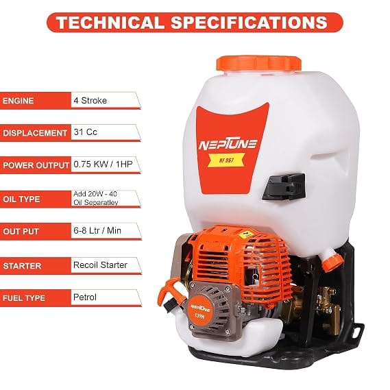 Neptune Simplify Farming NF-967 4-Stroke Knapsack Power Sprayer | 31CC Petrol Engine | 25-Litre Tank Capacity | Includes 2 Types Spray Guns | Perfect for Agricultural Use, Pesticides & Garden Spraying 4