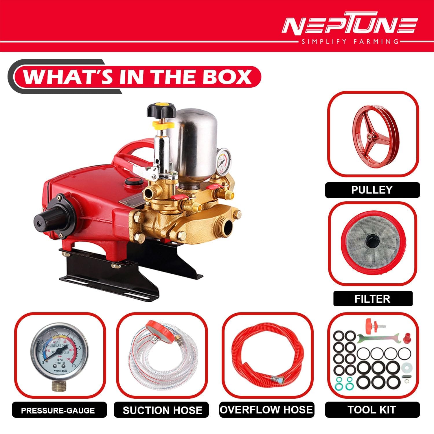 Neptune Simplify Farming HTP-Silver Triplex Sprayer Pump | 14-22 L/min Output | High Pressure Tractor-Mounted Sprayer Pump for Fertilizer, Pesticide, and Car Wash Solutions 3
