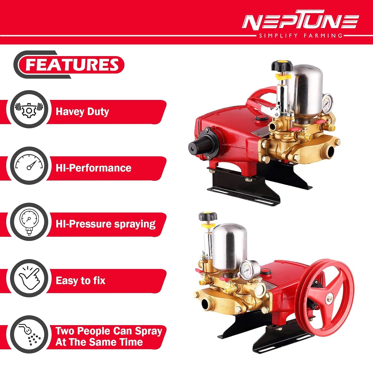 Neptune Simplify Farming HTP-Silver Triplex Sprayer Pump | 14-22 L/min Output | High Pressure Tractor-Mounted Sprayer Pump for Fertilizer, Pesticide, and Car Wash Solutions 4