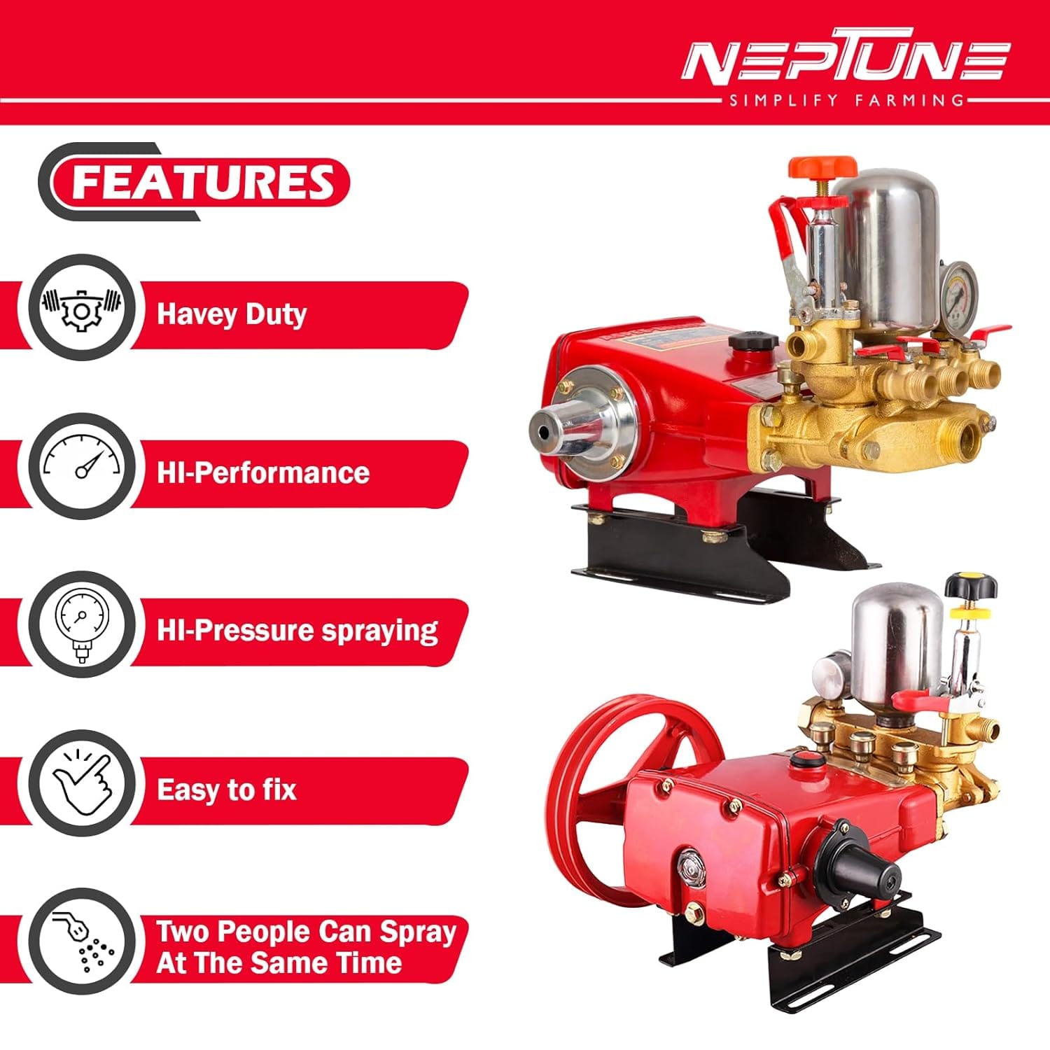 Neptune Simplify Farming HTP-Gold-Plus Triplex Sprayer Pump | 30-45 L/min Output | High Pressure Tractor-Mounted Sprayer Pump for Fertilizer, Pesticide, and Car Wash Solutions 2