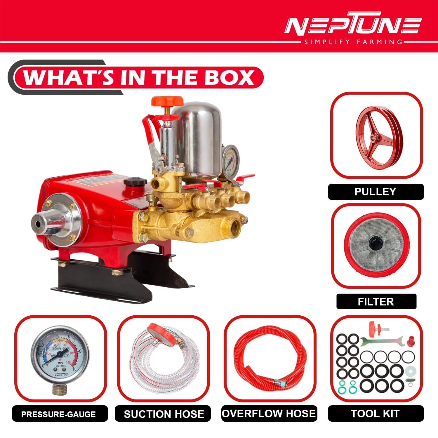 Neptune Simplify Farming HTP-Gold-Plus Triplex Sprayer Pump | 30-45 L/min Output | High Pressure Tractor-Mounted Sprayer Pump for Fertilizer, Pesticide, and Car Wash Solutions 4