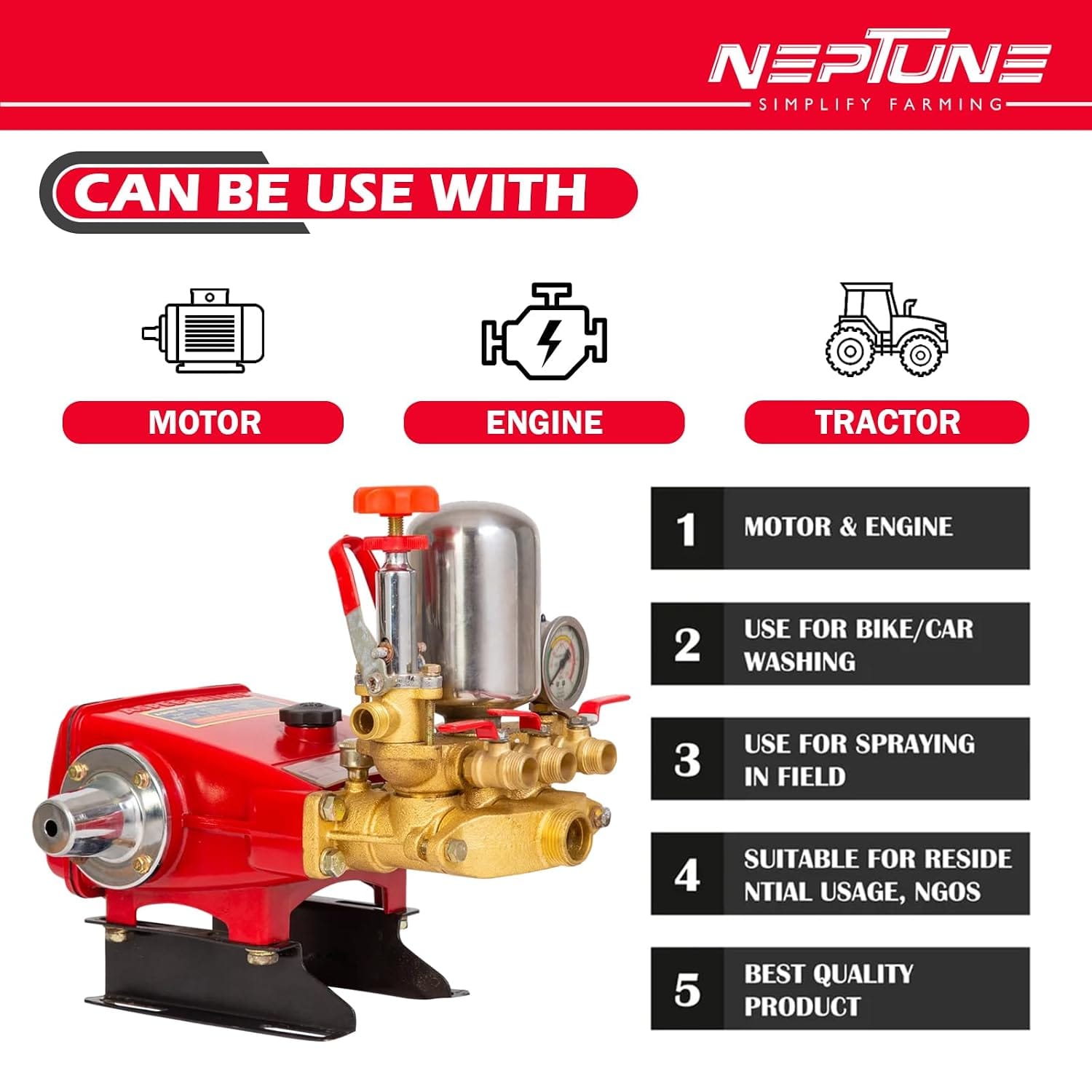 Neptune Simplify Farming HTP-Gold-Plus Triplex Sprayer Pump | 30-45 L/min Output | High Pressure Tractor-Mounted Sprayer Pump for Fertilizer, Pesticide, and Car Wash Solutions 3