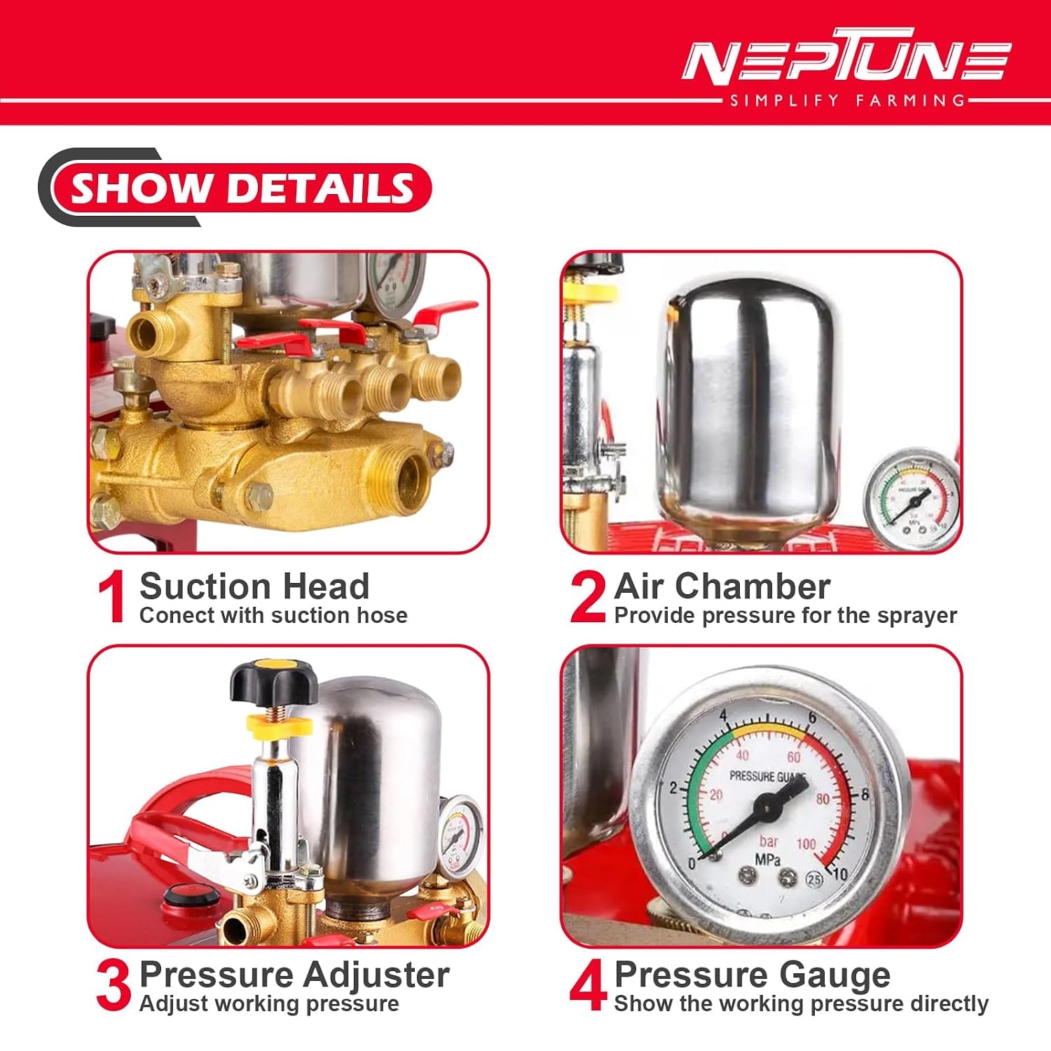 Neptune Simplify Farming HTP-Gold-Plus Triplex Sprayer Pump | 30-45 L/min Output | High Pressure Tractor-Mounted Sprayer Pump for Fertilizer, Pesticide, and Car Wash Solutions 5