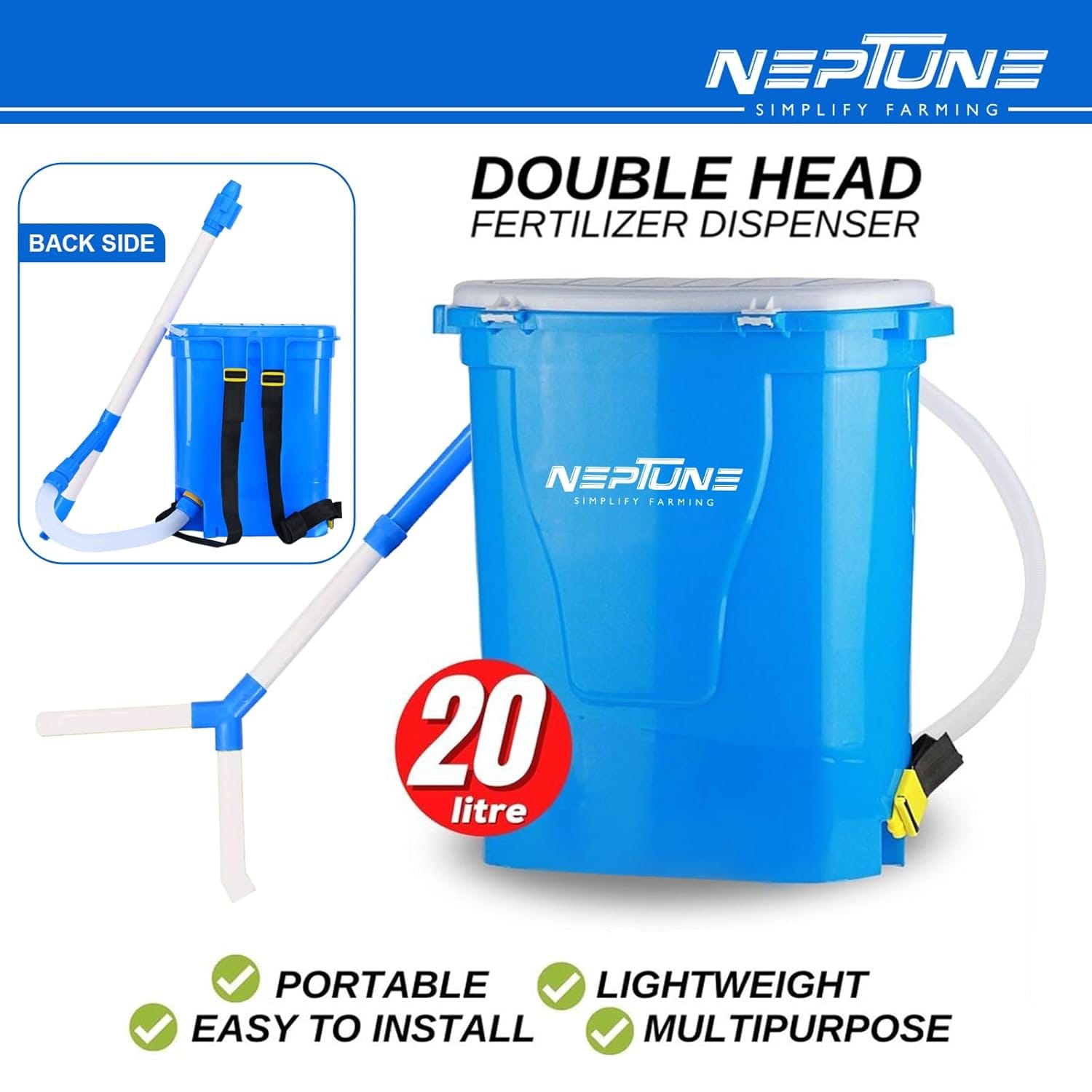 Neptune Simplify Farming Backpack Manual Agricultural Double Head Fertilizer Dispenser | Durable,Ergonomic Design with 20L Tank & Comfortable Handle | Ideal for Vegetable, Trees,Garden Plant Soil Care 4