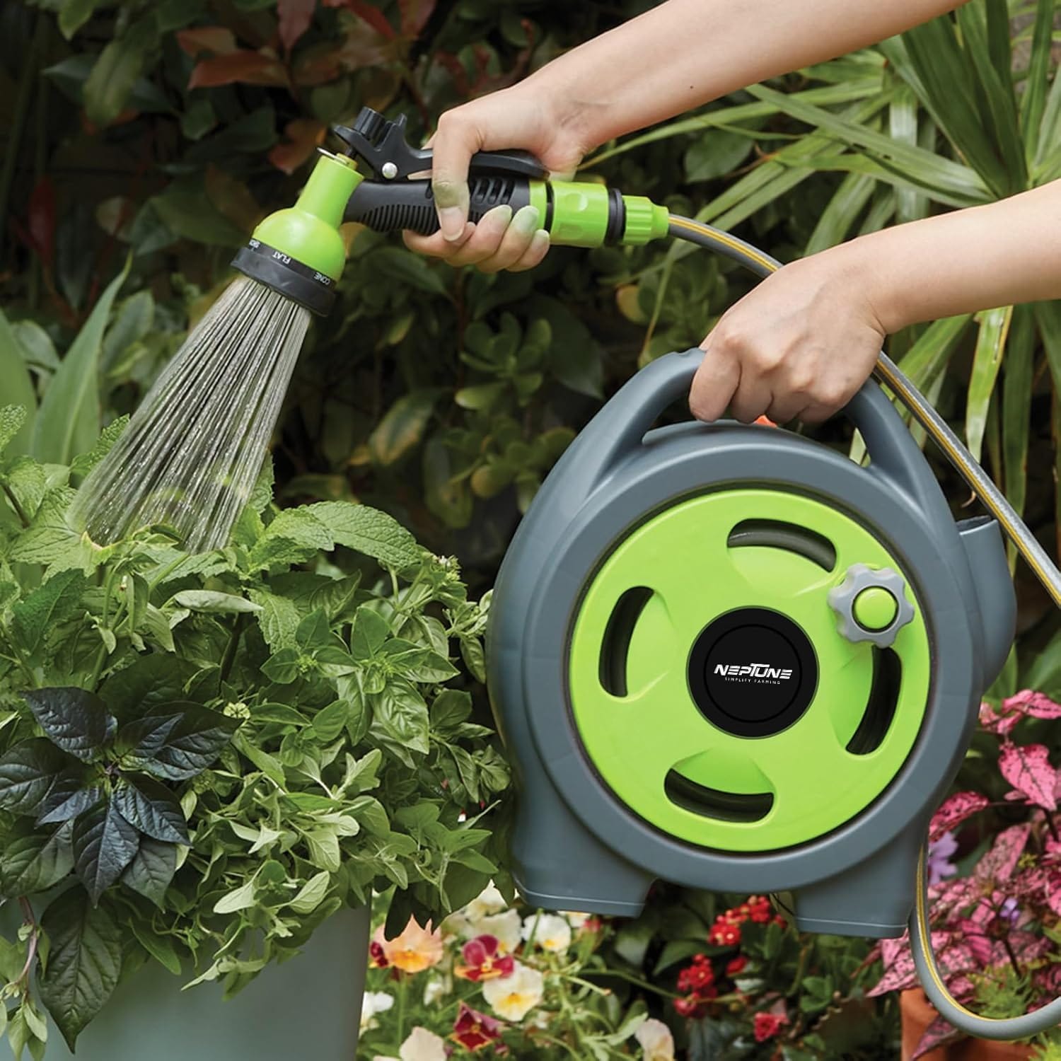 Neptune Simplify Farming Mini Garden Hose Reel Portable and Wall Mounted | 10M Heavy Duty Hose |Versatile 7-in-1 Spray Nozzle with Hose Connector | Ideal for Car Wash, Lawn Care & Household Watering 2