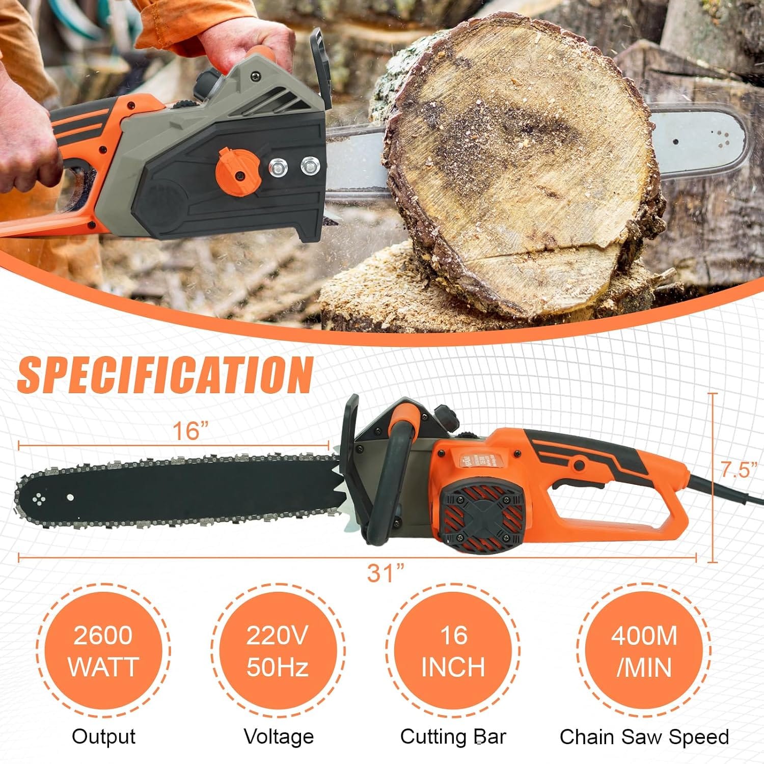 Neptune Simplify Farming Electric Chain Saw 2600W Copper Motor | 16" Guide Bar | 4800 RPM | Automatic Oiler | Heavy Duty for Tree Cutting, Landscaping, Agriculture, Forestry, and Rescue Operations 2