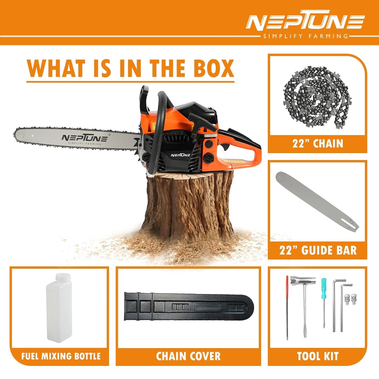 Neptune Simplify Farming CS-58 Heavy Duty 58CC Powerful 2 Stroke Petrol Chain Saw | Woodcutting Saw with 22" Blade| Professional Wood Cutter Saw, Cutting Trees,Garden, Agriculture, Rescue & Landscapes 5